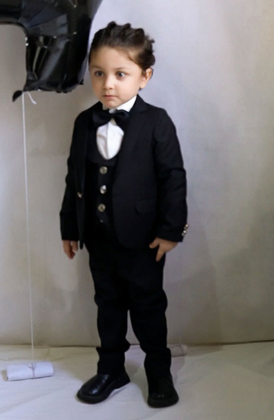 Exclusive Coat Pant Suit Collection By Hassan - 5pcs Black suit (Coat+Waistcoat+Pant+Shirt+Bow) - CPS 001