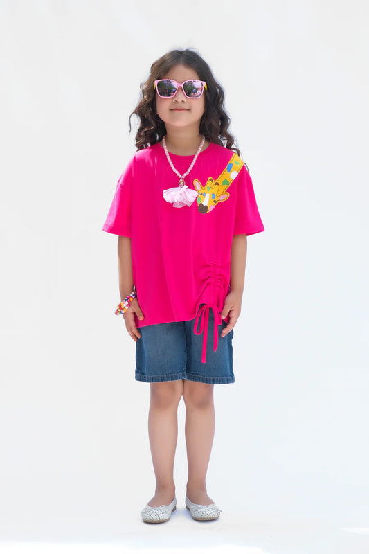 Giraffe With Embroidery - Half Sleeves T-Shirts For Kids - Dark Pink - SBT-365