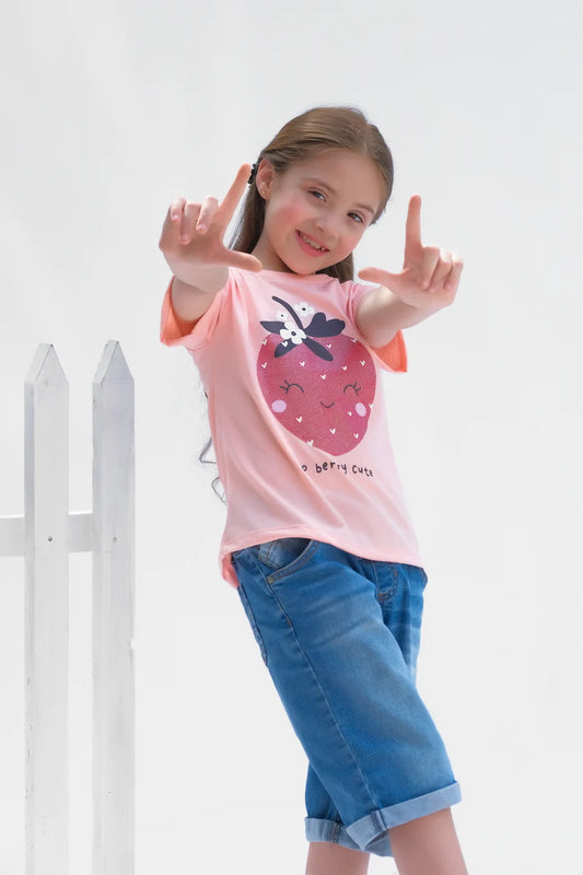 Strawberry - Half Sleeves T-Shirts For Kids - Pink - SBT-357