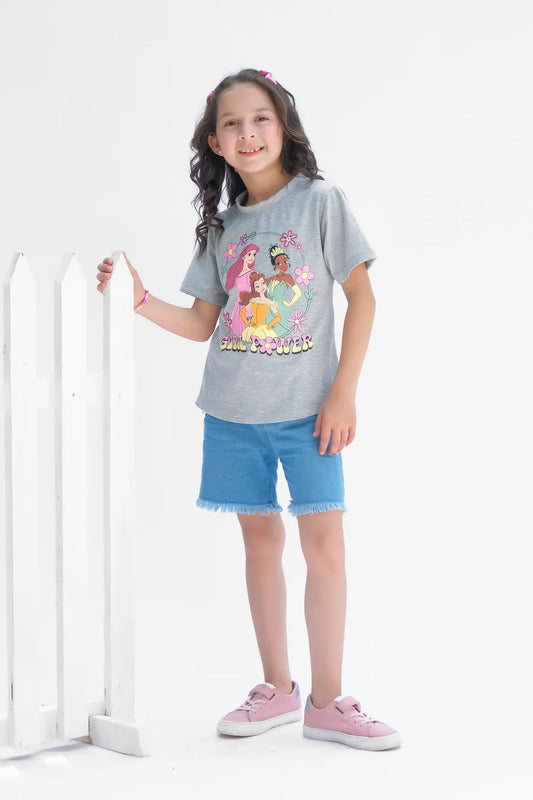 Disney Princess Girl Power Half Sleeves T-Shirts For Kids - Grey