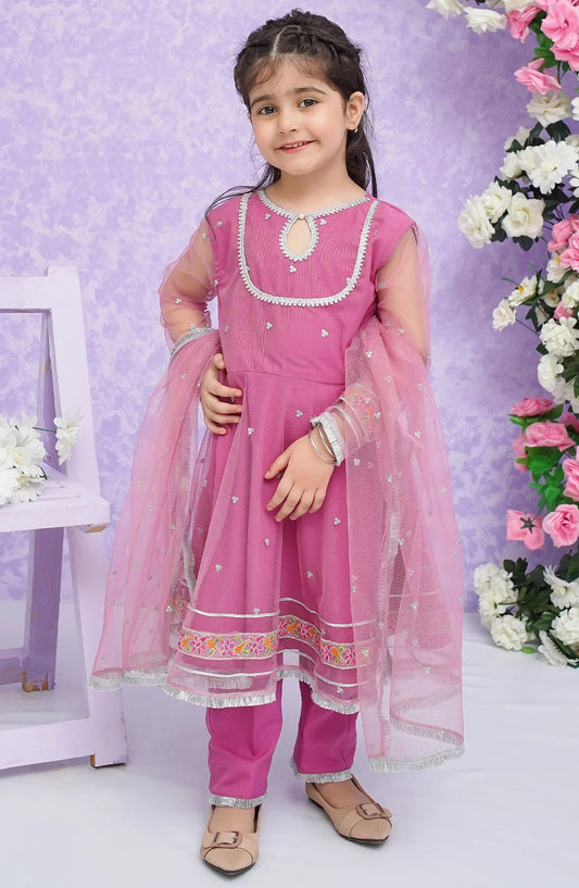 Modest Net Stitched 3 Piece Suit - 8855-Pnk Neena - Pink - Festive Girls Collection