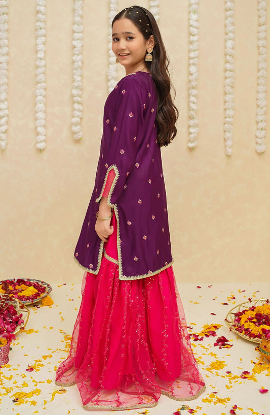 Modest Embroidered Raw Silk Stitched 3 Piece Suit - 8925-Prpl - MOD25GFC - Purple - Festive Collection
