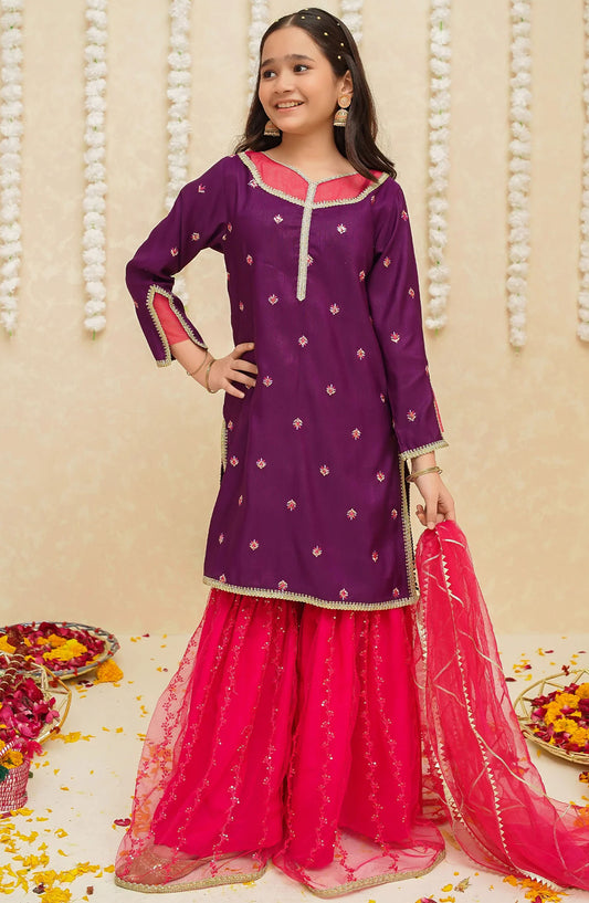 Modest Embroidered Raw Silk Stitched 3 Piece Suit - 8925-Prpl - MOD25GFC - Purple - Festive Collection