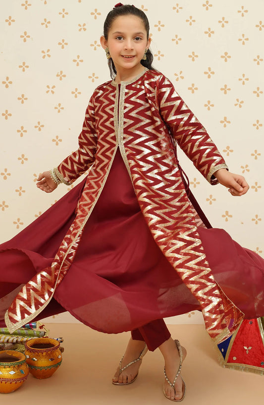 Modest Embroidered Oragza Stitched 4 Piece Suit - 8985 - MOD25GFC - Maroon - Festive Collection