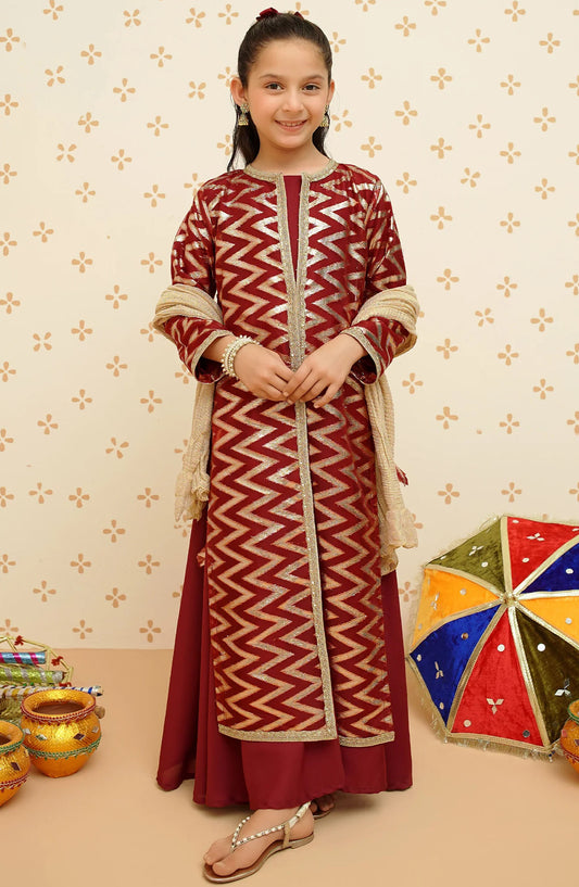 Modest Embroidered Oragza Stitched 4 Piece Suit - 8985 - MOD25GFC - Maroon - Festive Collection