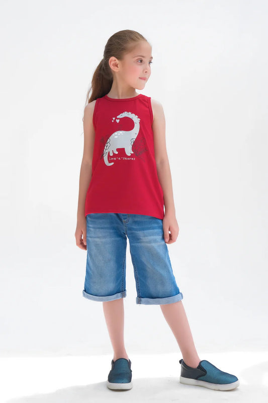 Love A Saurus Printed Sandos For Girls - Maroon