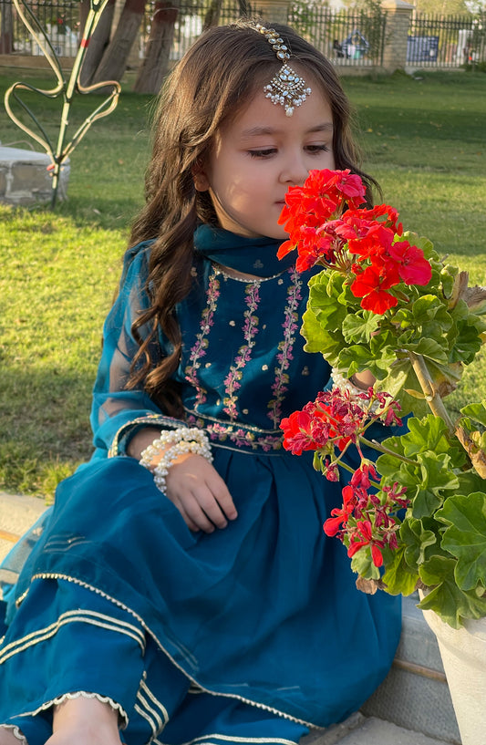 Gulzar by Modest Festive Chiffon Stitched 3 Piece Suit - 9250 - MOD25G - Blue - Girls Collection