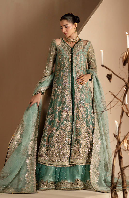 AJR Signature Embroidered Organza Unstitched 3 Piece Suit - 02 Rumi - AJR26WED - Sea Green - Wedding Collection