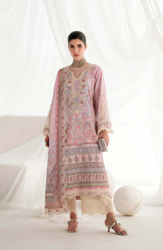 AJR Garden Whisper Embroidered Silk Unstitched 3 Piece Suit - AJR-GW-05 SERENYA - AJR25GW - Pink - Luxury Collection