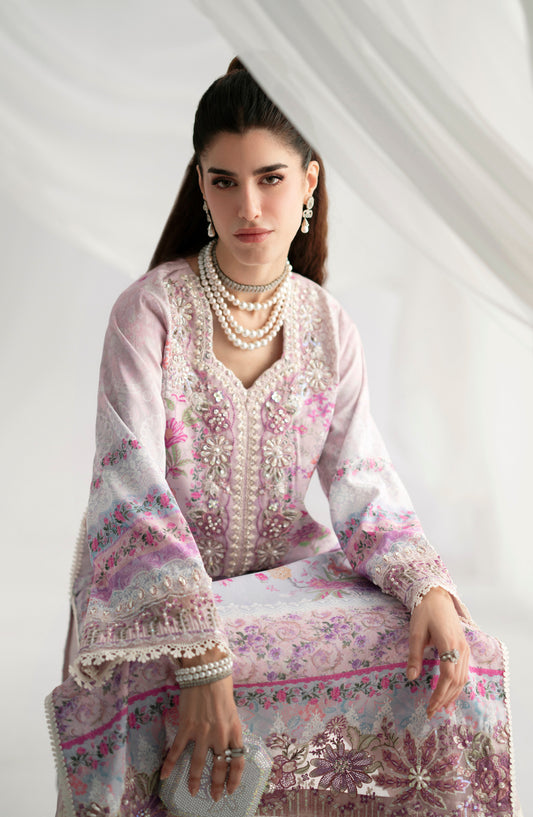AJR Garden Whisper Embroidered Silk Unstitched 3 Piece Suit - AJR-GW-01 FLORIS - AJR25GW - Pink - Luxury Collection