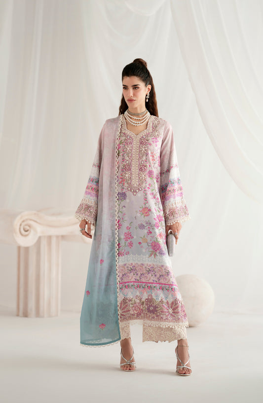 AJR Garden Whisper Embroidered Silk Unstitched 3 Piece Suit - AJR-GW-01 FLORIS - AJR25GW - Pink - Luxury Collection
