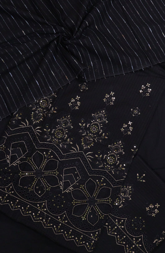 Shanaya by Amna Khadija Luxury Self Doriya Lawn Unstitched 3 Piece Suit - AM25SHN - D-02 - Black - Festive Collection