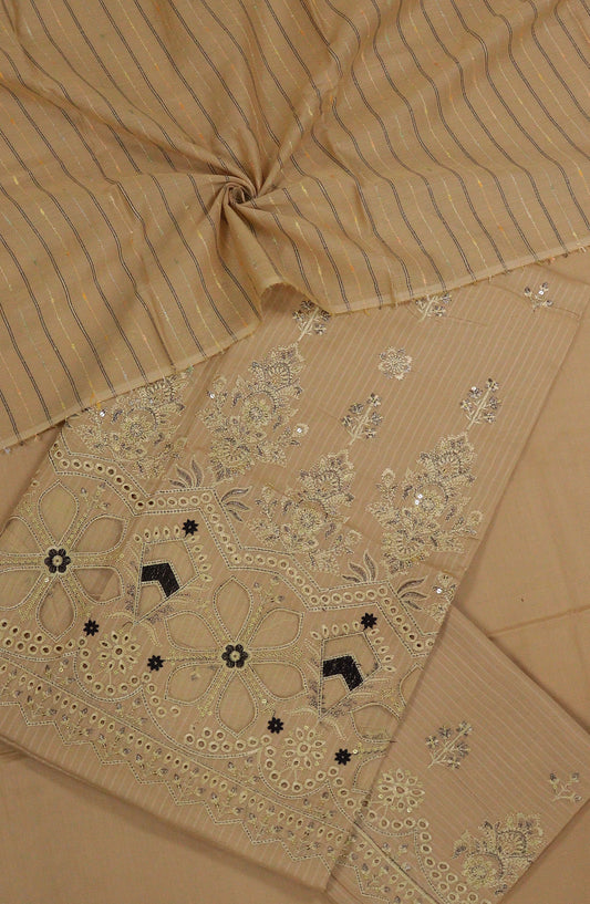 Shanaya by Amna Khadija Luxury Self Doriya Lawn Unstitched 3 Piece Suit - AM25SHN - D-05 - Beige - Festive Collection