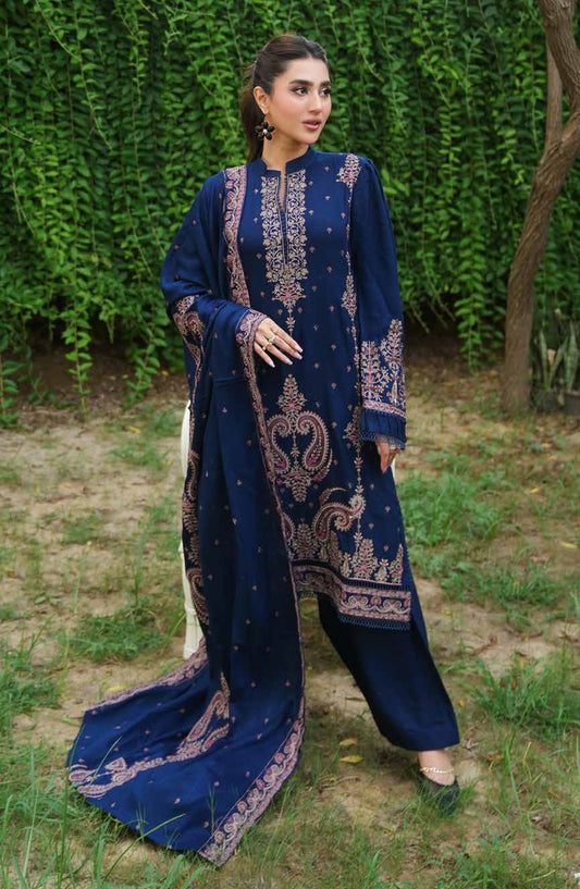 Aarnish by Johra Fancy Embroidered Peach Leather Unstitched 3 Piece Suit - JW-337 - JH25ARNISH - Blue - Winter Collection