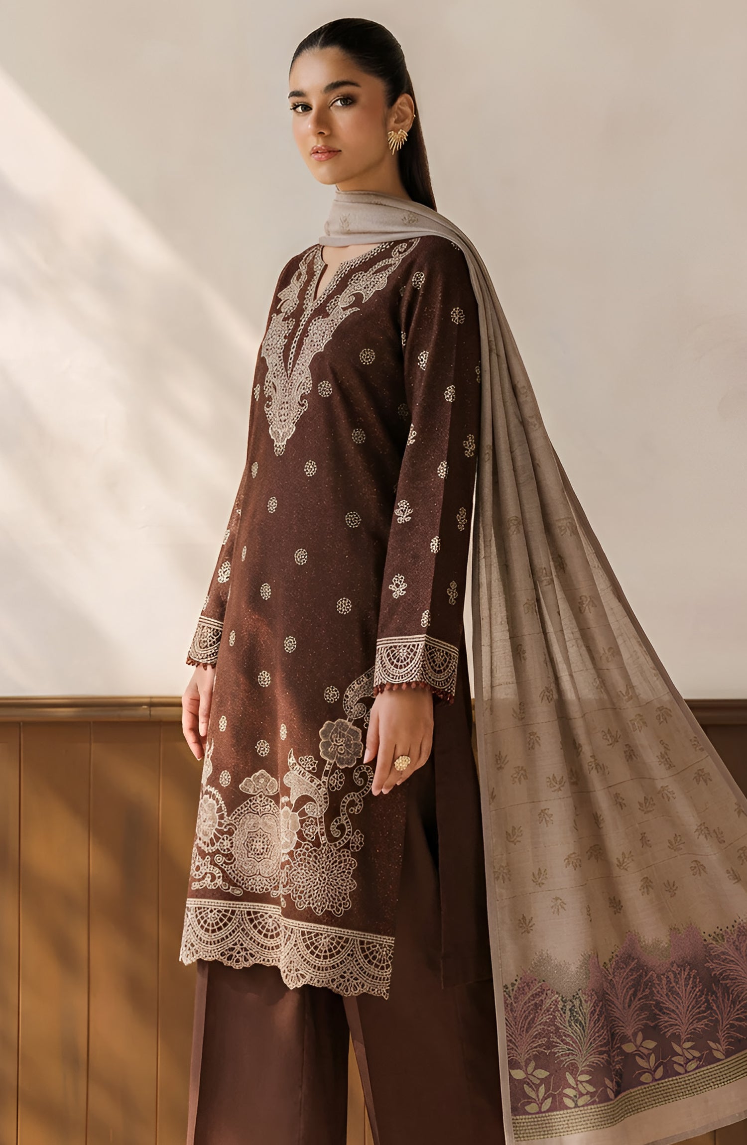Afreen by Amna Khadija Embroidered Chamki Unstitched 3 Piece Suit - D-04 - AM26FRN - Brown - Winter Collection