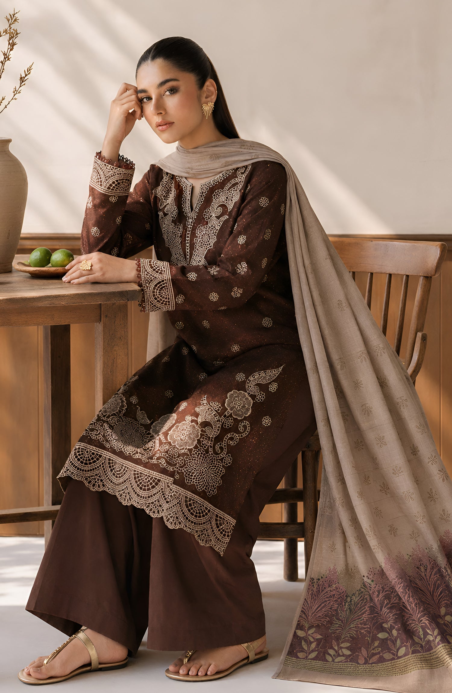 Afreen by Amna Khadija Embroidered Chamki Unstitched 3 Piece Suit - D-04 - AM26FRN - Brown - Winter Collection