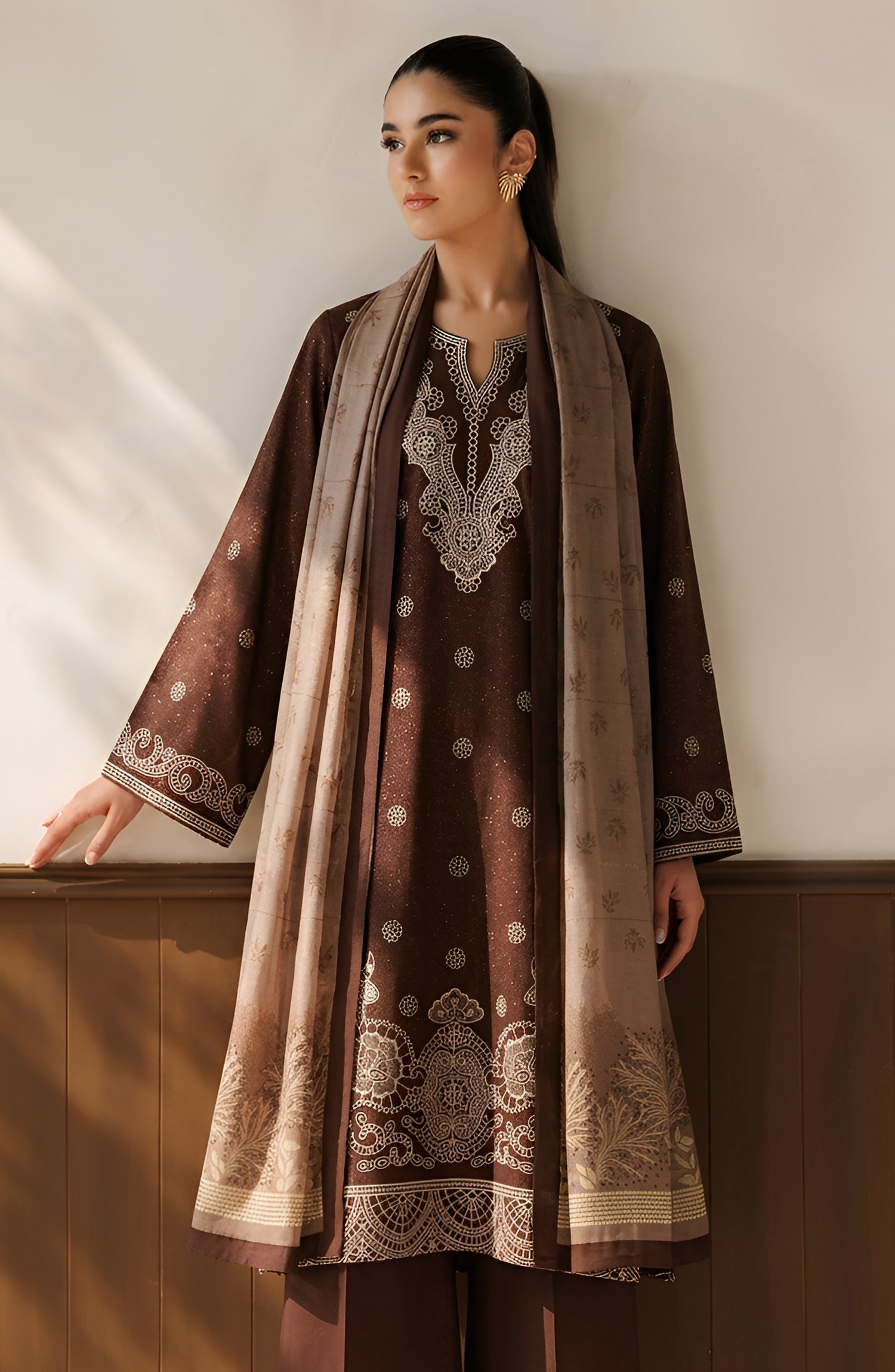 Afreen by Amna Khadija Embroidered Chamki Unstitched 3 Piece Suit - D-04 - AM26FRN - Brown - Winter Collection