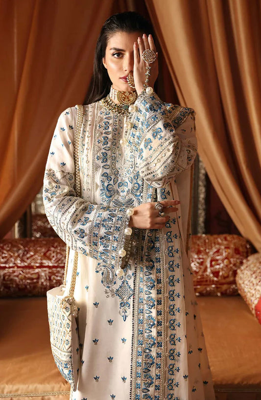 Afrozeh La Fuchsia Luxury Embroidered Raw Silk Unstitched 3 Piece Suit - Chandani - AF25LFU - White - Festive Collection