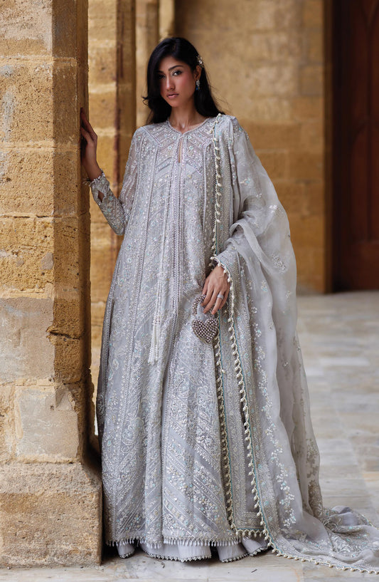 Afrozeh Dastan Goi Embroidered Organza Unstitched 3 Piece Suit - 07 Qissa - AF26DST - Silver - Festive Collection