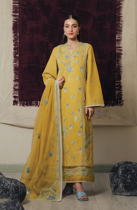 Afrozeh Day Break Embroidered Lawn Unstitched 3 Piece Suit - FWU-0019-3PO-Sun Haze - AF26DB - Yellow - Luxury Summer Collection