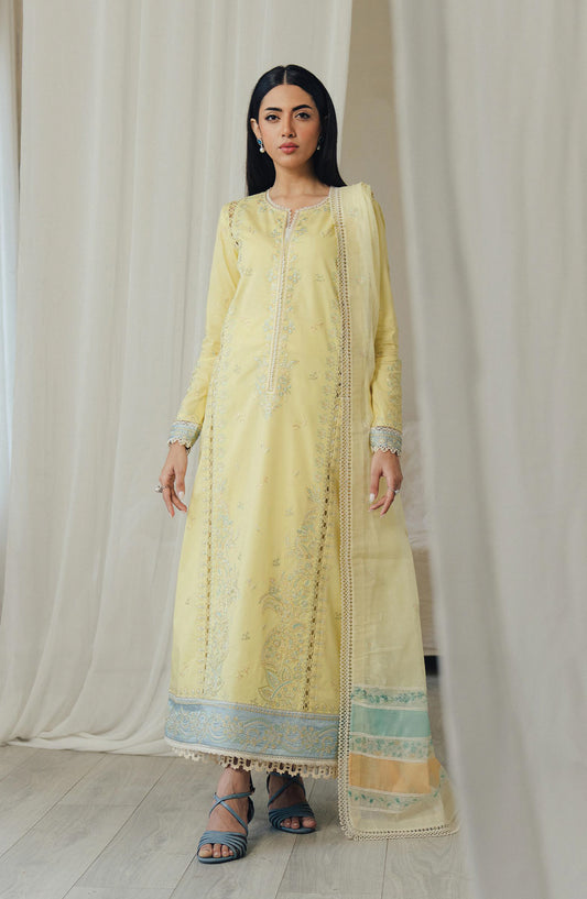 Afrozeh Day Break Embroidered Lawn Unstitched 3 Piece Suit - FWU-0016-3PO-Day Glow - AF26DB - Yellow - Luxury Summer Collection