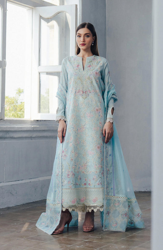 Afrozeh Day Break Embroidered Lawn Unstitched 3 Piece Suit - FWU-0013-3PO-Dawn Fall - AF26DB - Blue - Luxury Summer Collection