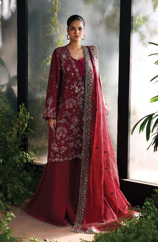 Afrozeh La Fuchsia Luxury Embroidered Net Unstitched 3 Piece Suit - Yalira - AF25LFU - Red - Festive Collection