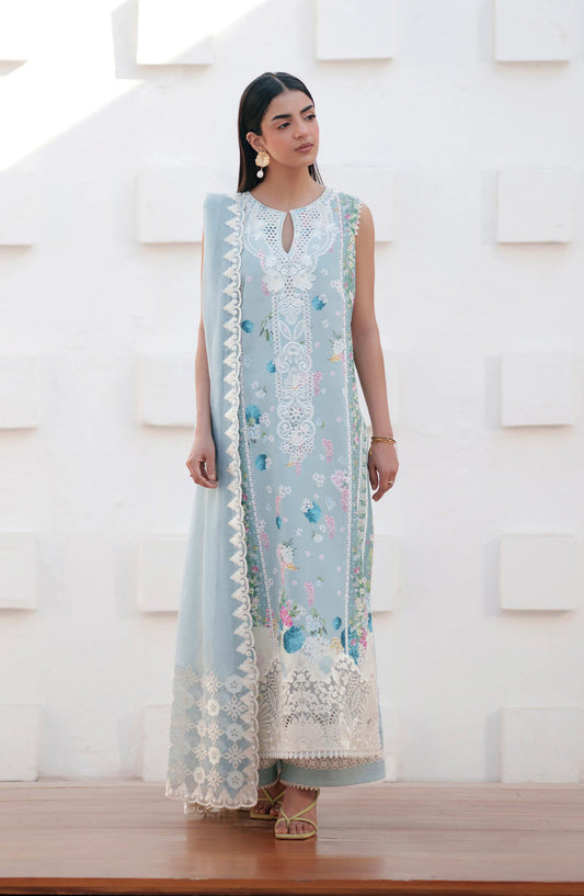 Afrozeh Sunspell Embroidered Lawn Unstitched 3 Piece Suit - Rosyra - AF26SNS - Blue - Summer Collection