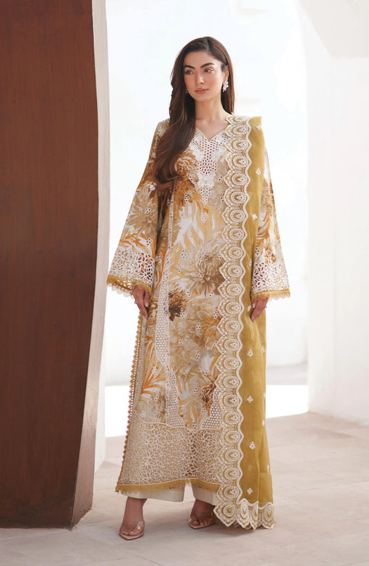 Afrozeh Sunspell Embroidered Lawn Unstitched 3 Piece Suit - Calyra - AF26SNS - Mustard - Summer Collection