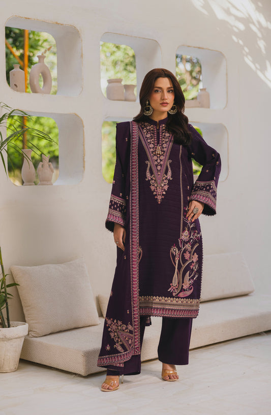 Afsana by Peridot Embroidered Dhanak Wool Unstitched 3 Piece Suit - 491-B - PT25AF - Purple - Winter Collection