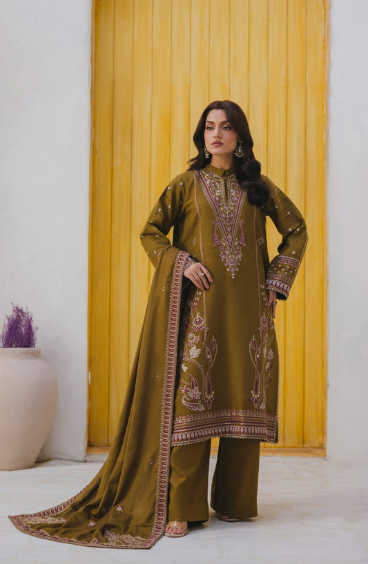 Afsana by Peridot Embroidered Dhanak Wool Unstitched 3 Piece Suit - 491-A - PT25AF - Mehndi - Winter Collection