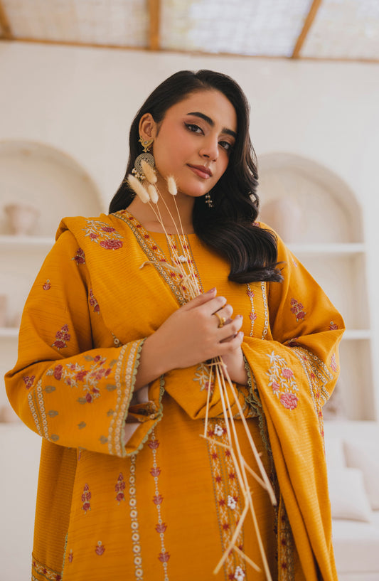 Afsana by Peridot Embroidered Khaddar Unstitched 3 Piece Suit - 490-A - PT25AF - Mustard - Winter Collection