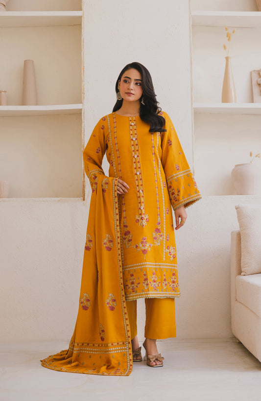 Afsana by Peridot Embroidered Dhanak Wool Unstitched 3 Piece Suit - 490-A - PT25AF - Mustard - Winter Collection