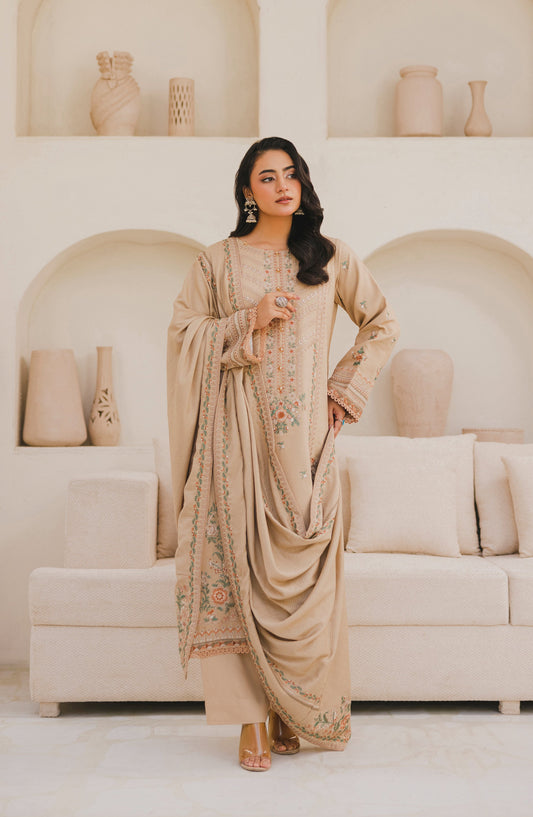 Afsana by Peridot Embroidered Khaddar Unstitched 3 Piece Suit - 488-A - PT25AF - Fawn - Winter Collection