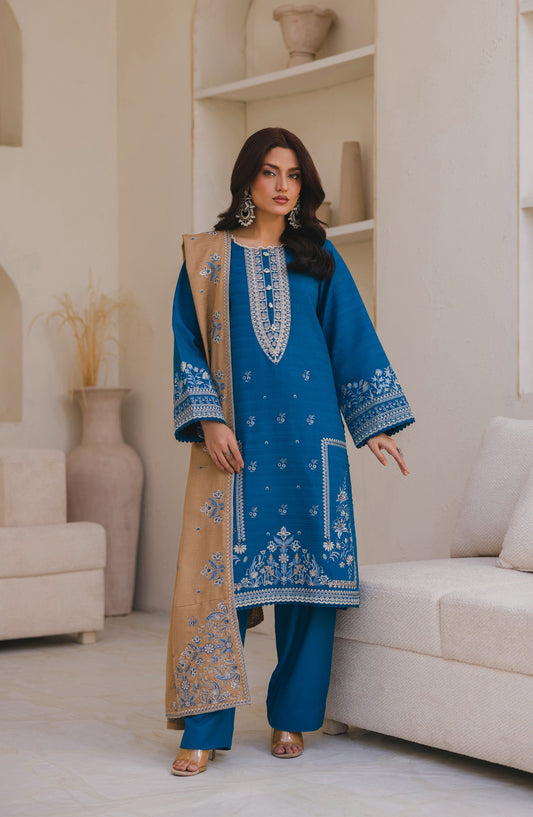 Afsana by Peridot Embroidered Dhanak Wool Unstitched 3 Piece Suit - 487-A - PT25AF - Blue - Winter Collection