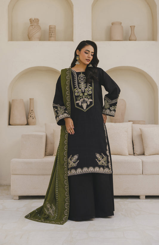 Afsana by Peridot Embroidered Dhanak Wool Unstitched 3 Piece Suit - 485-B - PT25AF - Black - Winter Collection
