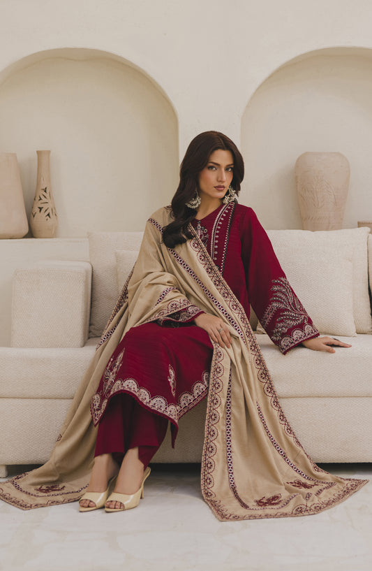 Afsana by Peridot Embroidered Khaddar Unstitched 3 Piece Suit - 485-A - PT25AF - Red - Winter Collection