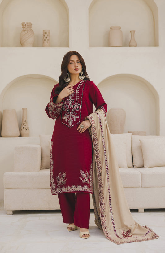 Afsana by Peridot Embroidered Khaddar Unstitched 3 Piece Suit - 485-A - PT25AF - Red - Winter Collection