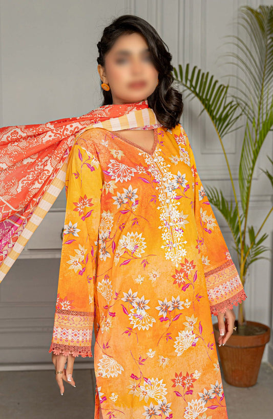 Aks Embroidered Lawn Unstitched 3 Piece Suit - Design-01 - AK25AKS - Orange - Summer Collection