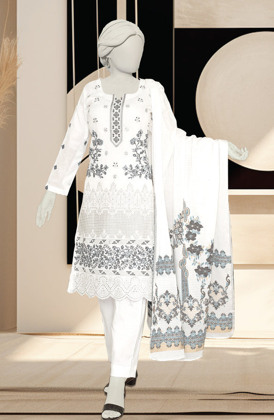 Al Karim Embroidered Slub Lawn Unstitched 3 Piece Suit - D-02 - AK26SLB - White - Summer Collection