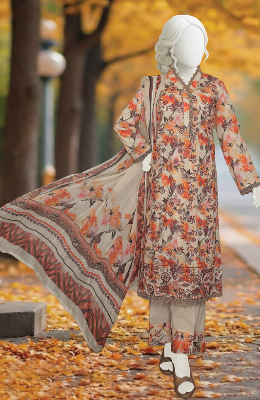 Al Karim Printed & Embroidered Lawn Slub Unstitched 3 Piece Suit - D-04 - AK26PEB - Orange - Summer Collection