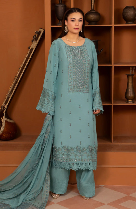 Al Karim Zaryab Embroidered Silk Karandi Unstitched 3 Piece Suit - KRS-296 - AK26YB - Blue - Winter Collection