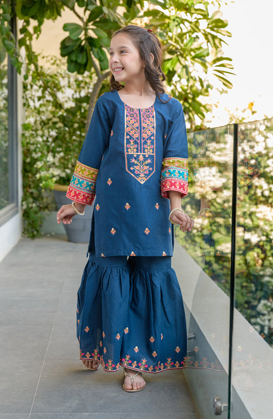 Fresh Birds Embroidered Cotton Lawn Stitched 2 Piece Suit - Alexa - FBR26FS - Dark blue - Festive Girls Collection