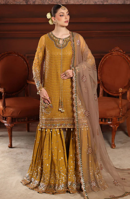Alfaaz by Nureh Luxury Embroidered Chiffon Unstitched 3 Piece Suit - NL-92 - NU25AFZ - Mustard - Festive Collection