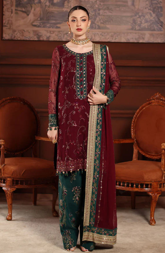 Alfaaz by Nureh Luxury Embroidered Chiffon Unstitched 3 Piece Suit - NL-90 - NU25AFZ - Maroon - Festive Collection