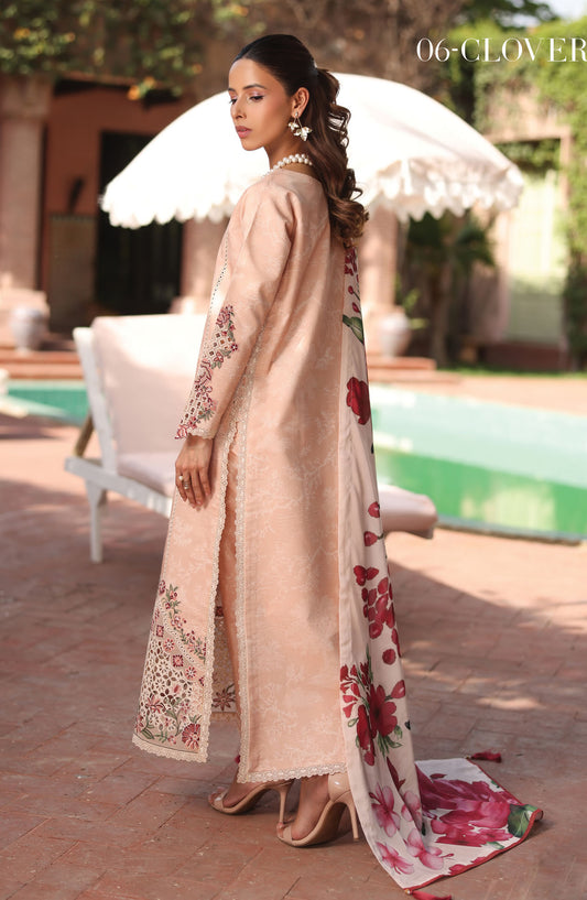 Alizeh Embroidered Lawn Unstitched 3 Piece Suit - ALZ25ELP - AF-EPL-7036-CLOVER - Peach - Eid Collection
