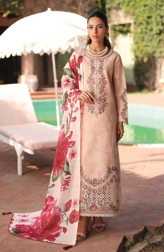 Alizeh Embroidered Lawn Unstitched 3 Piece Suit - ALZ25ELP - AF-EPL-7036-CLOVER - Peach - Eid Collection