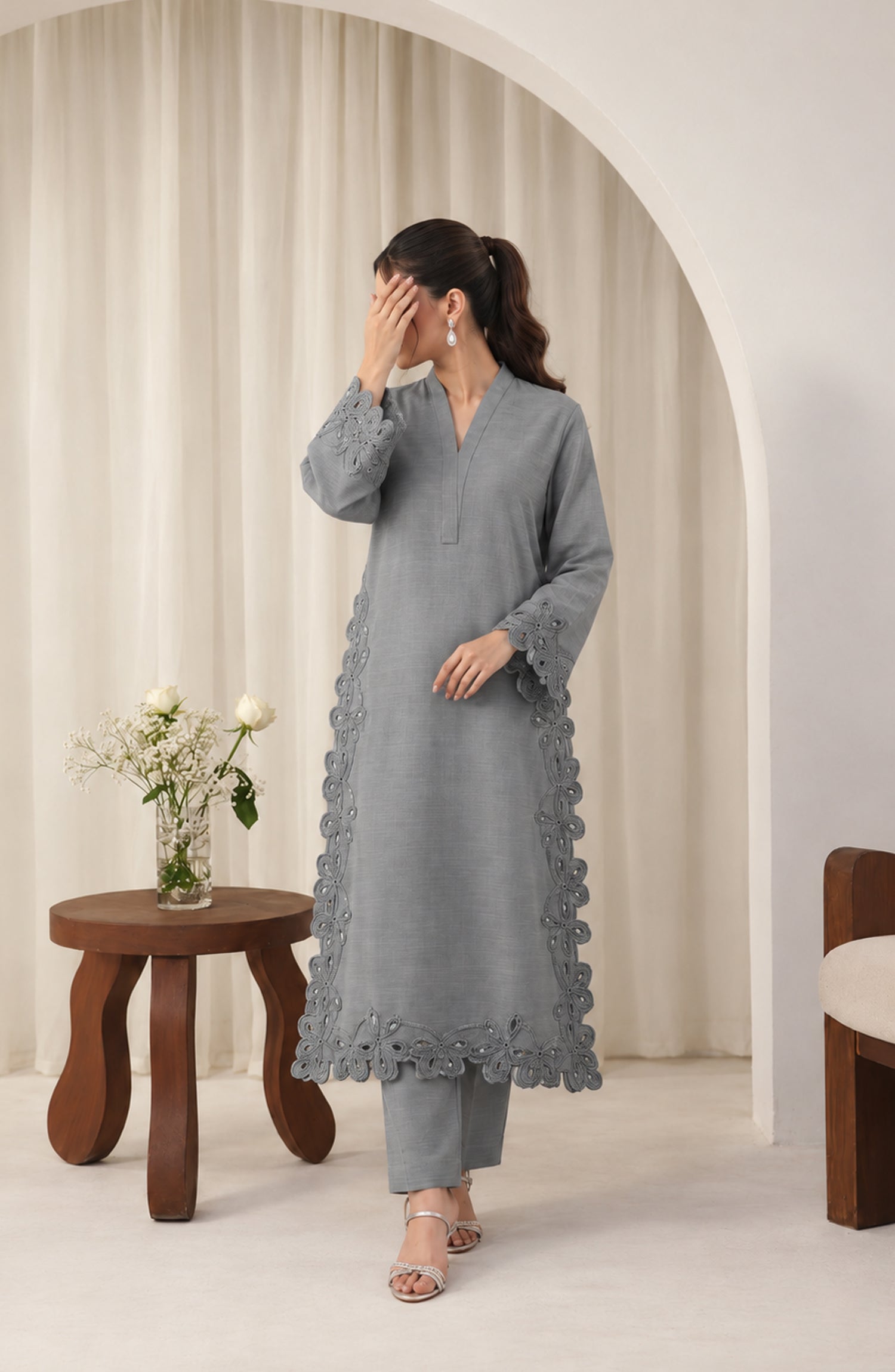 Amaya by Amna Khadija Embroidered Khaddar Stitched 2 Piece Co-ord Set - AKAW-03 - AM26AYA - Grey - Winter Collection