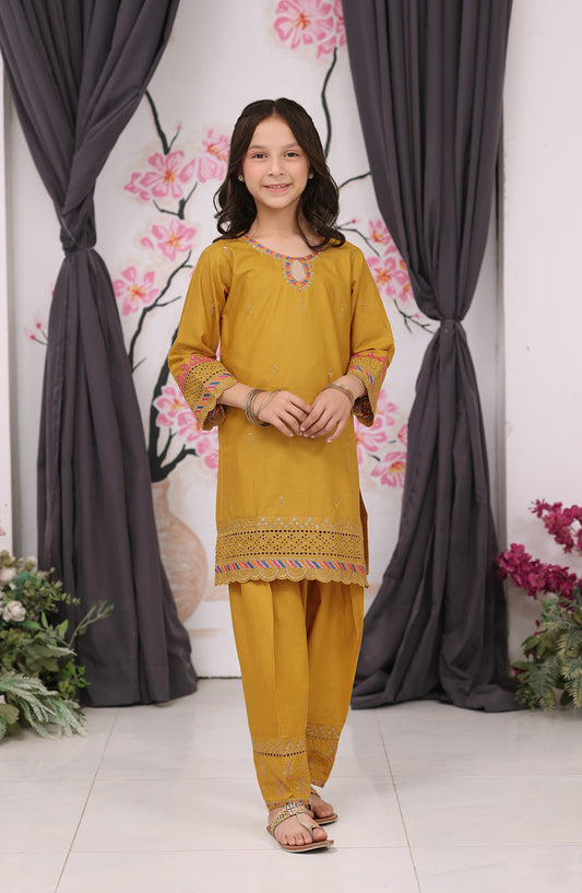 Fresh Birds Embroidered Cotton Lawn Stitched 2 Piece Suit - Amber - FBR26FS - Mustard - Festive Girls Collection