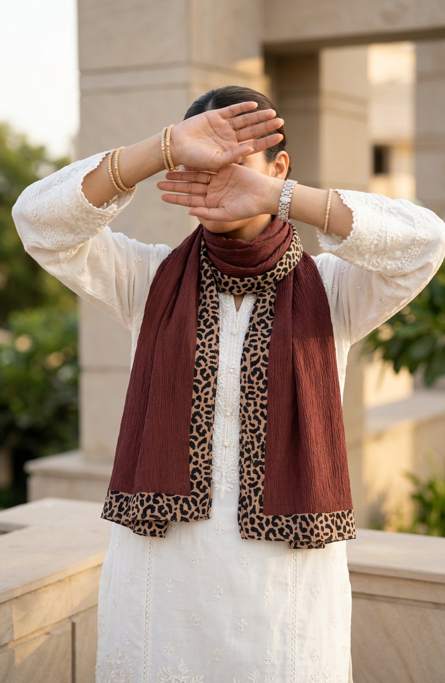 Amna Khadija Cheetah-Print Chiffon Stole - AKW-14 - AM26STL - Brown - Winter Collection